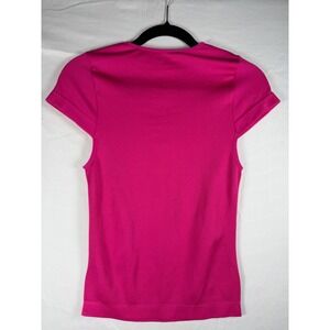 Bebe Womens Hot Pink Ribbed Laser Cut Lattice Neckline Top Rhinestone Logo Small